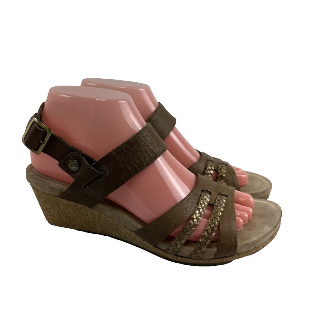Ugg Serinda Sandal Wedge Brown Tan Leather Ankle Strap Buckle 1014852 Womens 8
